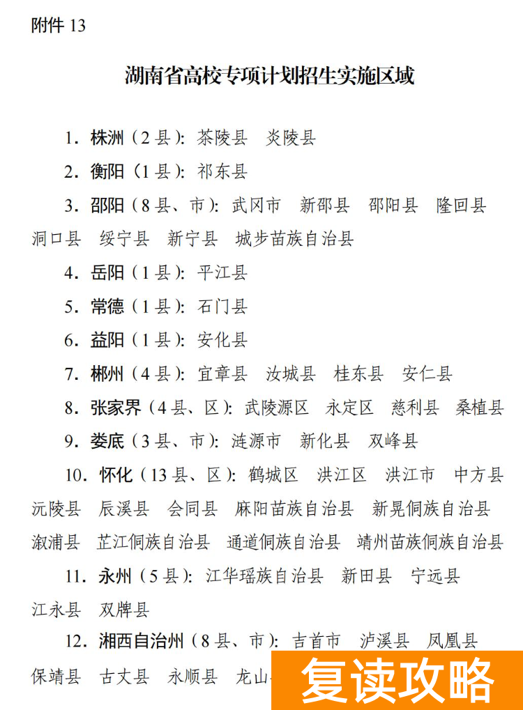 2024年湖南高校专项计划实施区域参考