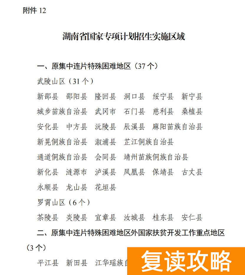 2024年湖南国家专项计划实施区域参考
