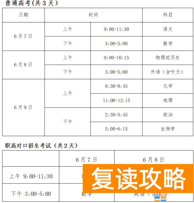 望城区“三考”（高考、学考、中考）具体考试时间、科目安排