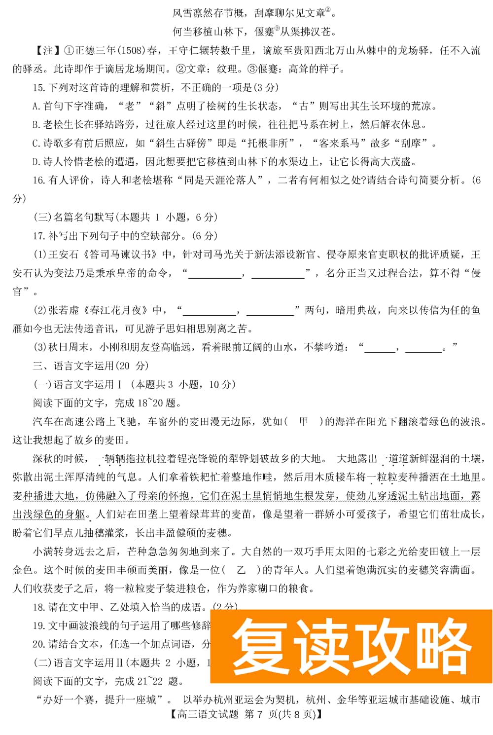 2024届湖南天壹名校联盟高三11月联考语文试题及答案