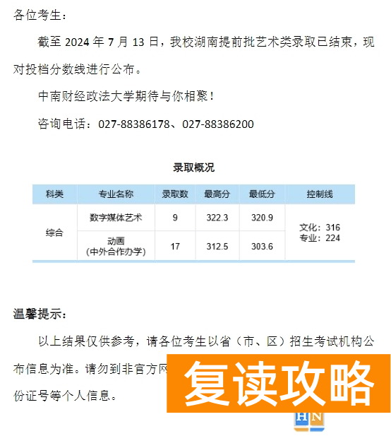 中南财经政法大学2024年本科招生录取分数线（湖南提前批艺术类）