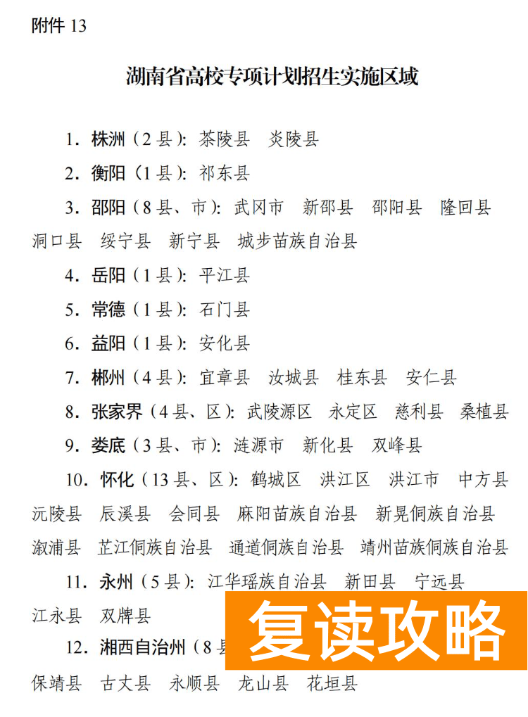 2024年湖南高校专项计划实施区域参考