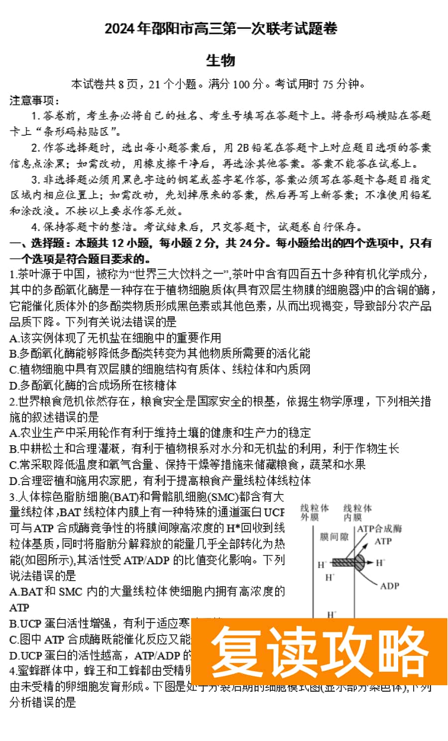 湖南邵阳一模2024届高三上第一次联考生物试卷及答案