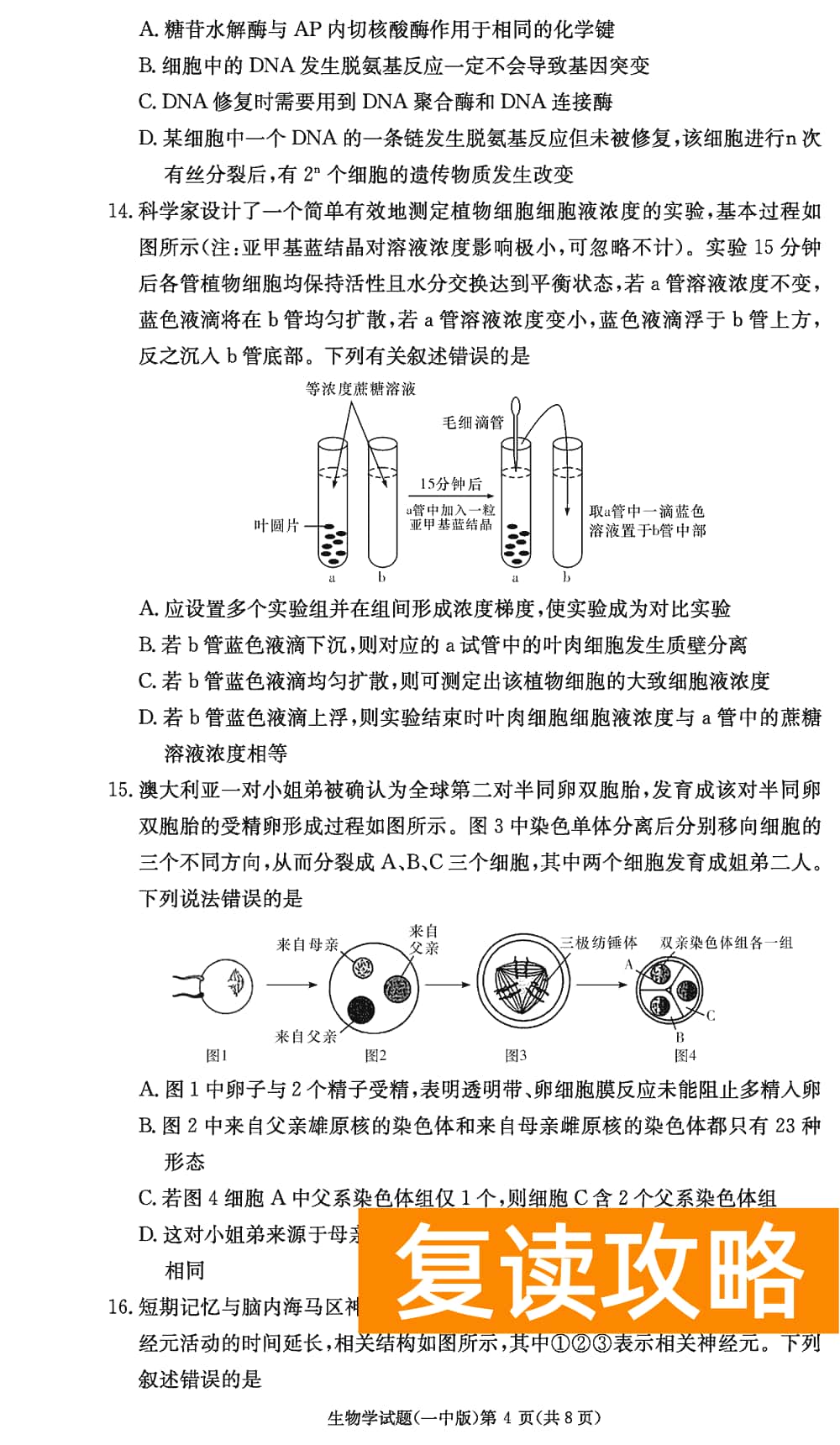 2024届湖南长沙一中高三上学期月考（四）生物试题及答案