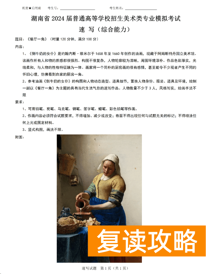 2024年湖南美术类二模速写考题及部分高分卷参考