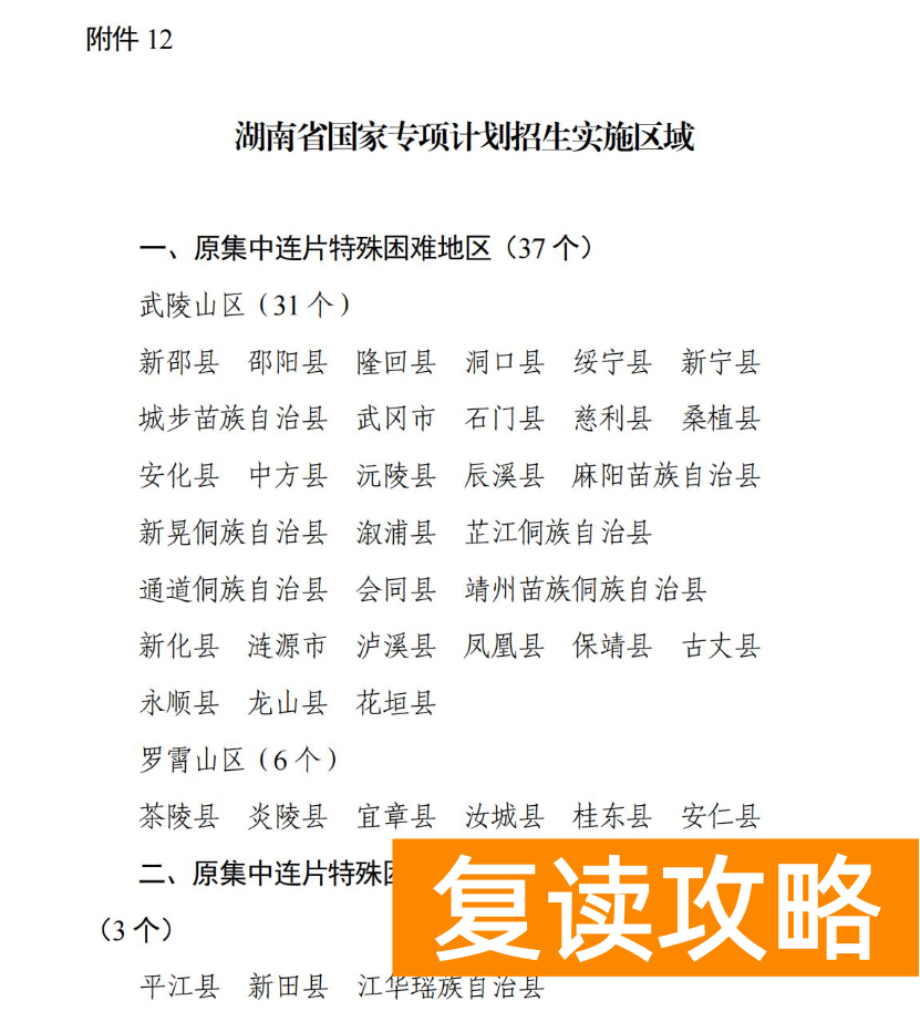2024年湖南国家专项计划实施区域参考