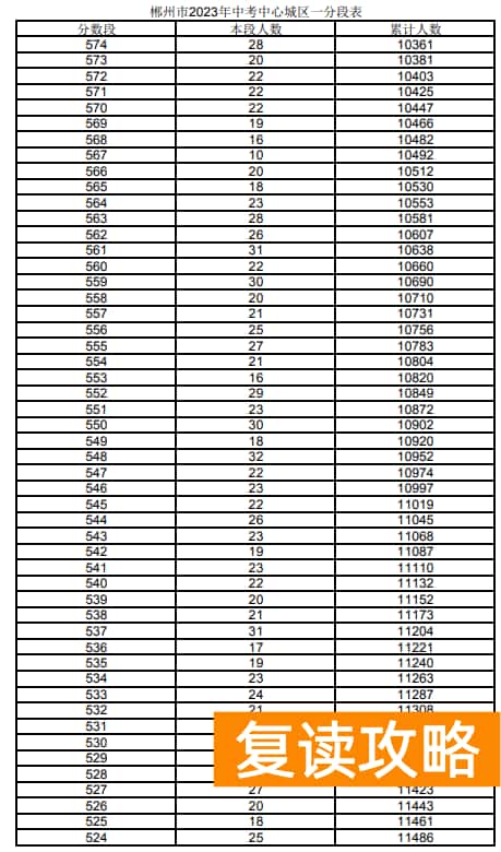 2023郴州城区中考一分一段表 中考成绩排名