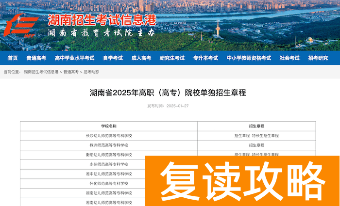 湖南2025年各高职（高专）院校单独招生章程