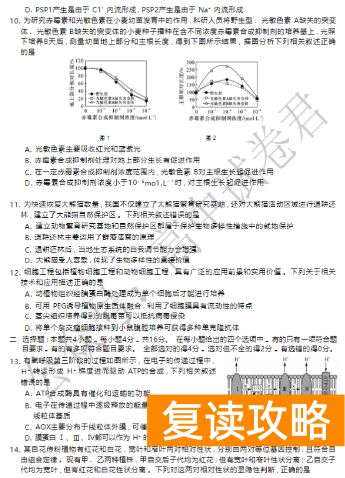 湖南天壹名校联盟2024高三10月大联考生物试题及答案解析